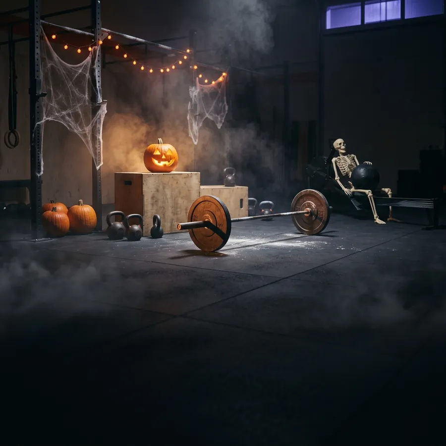 A dark gym dressed for Halloween: a jack-o'-lantern on a plyo box, a skeleton on the rower, fog on the floor.