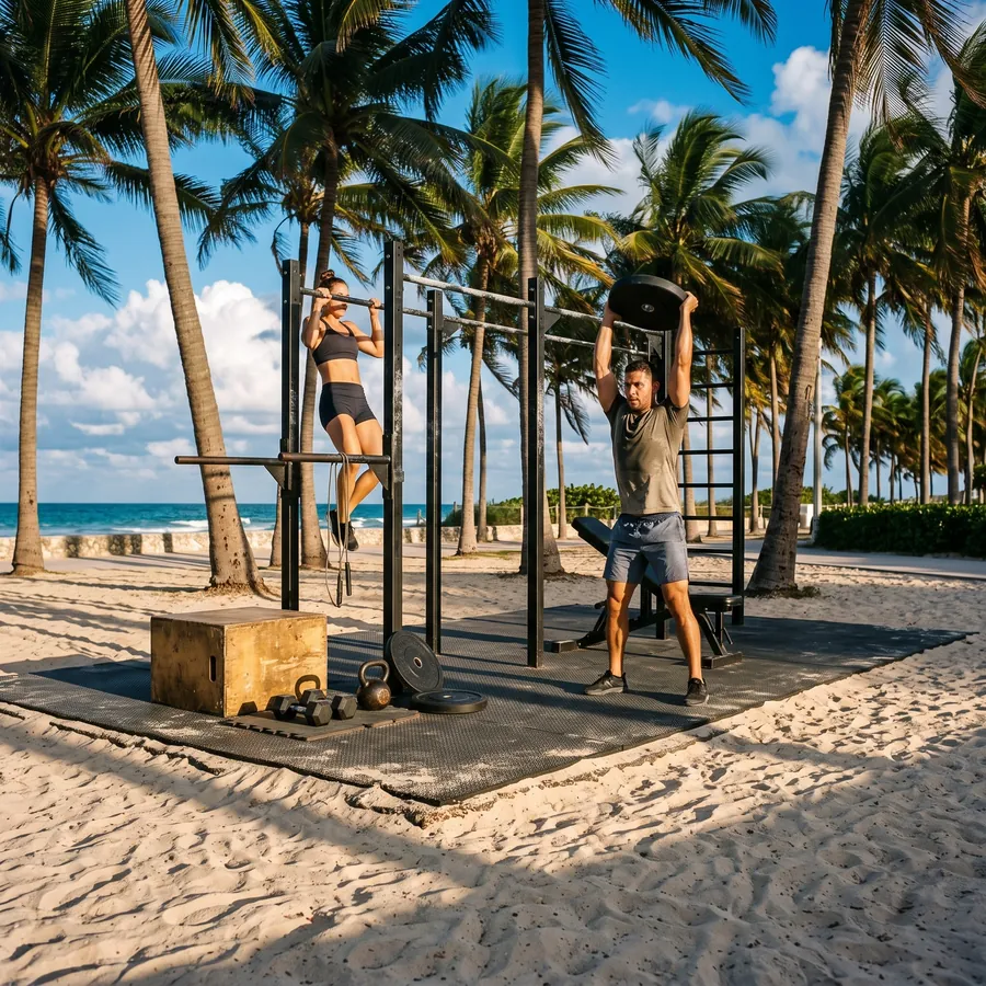An open-air gym on South Beach under palm trees, with athletes on the pull-up bars.