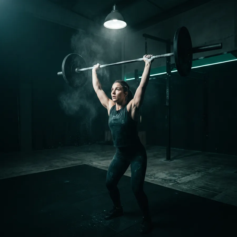 An athlete holding a barbell overhead in a dark gym.