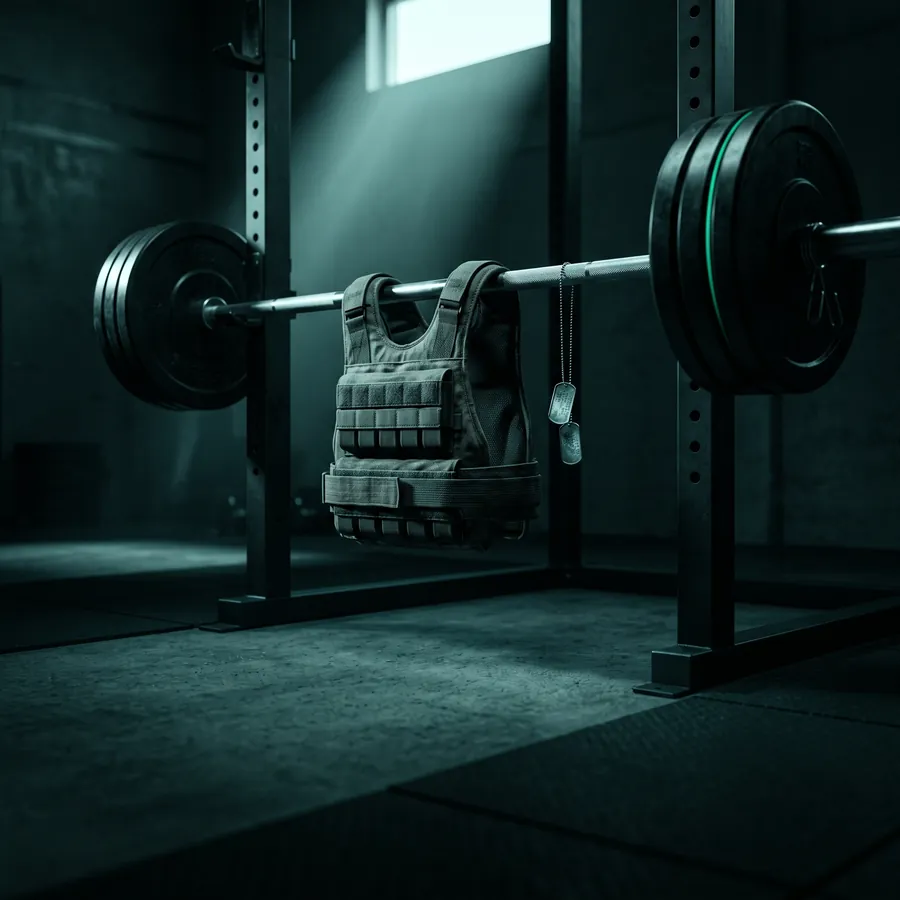 A loaded barbell and a weight vest in a dark gym.