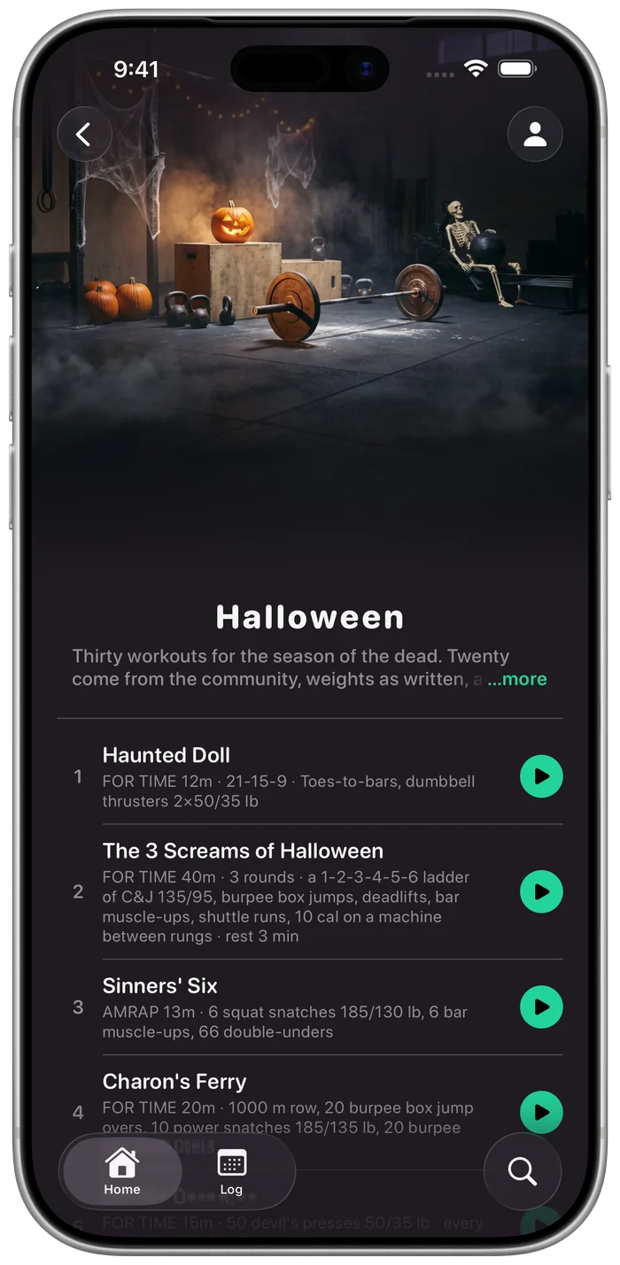 The Halloween page with its workouts listed.